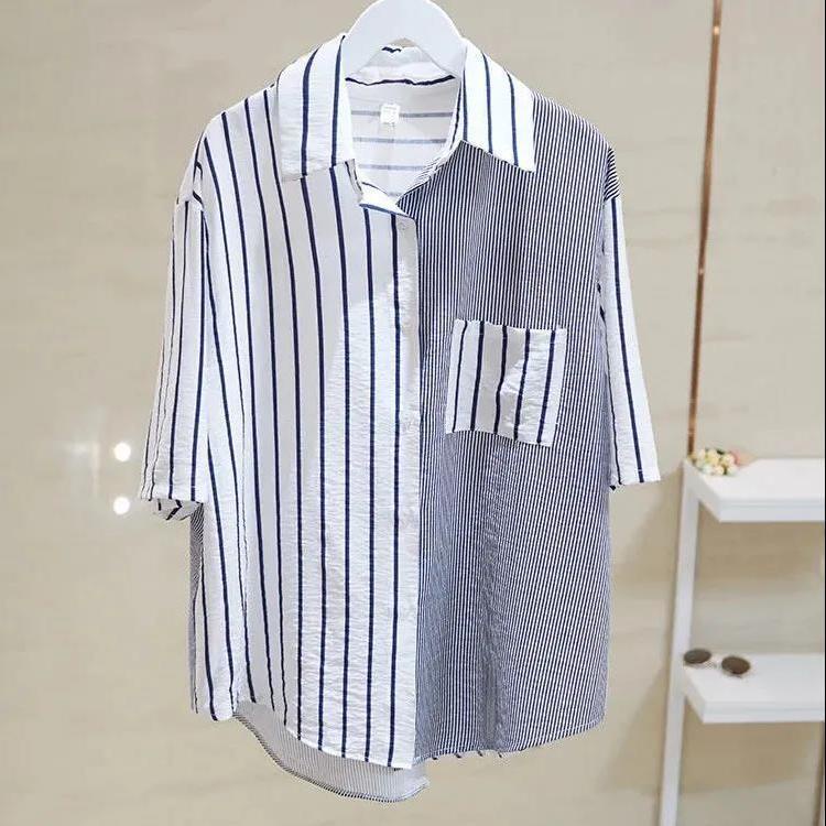 Áo Sơ Mi Ngắn Tay Họa Tiết Kẻ Sọc plus size Phong Cách Hàn Quốc Cho Nữ