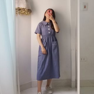 [Ảnh thật] Váy thô eo chun cổ sen