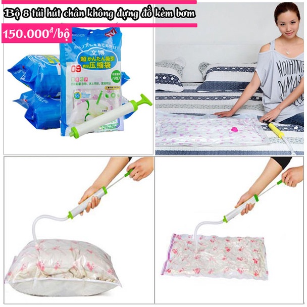 Bộ 8 túi hút chân không chất liệu nhựa PE ép dẻo mềm và dai độ bền 03-05 năm + Tặng kèm bơm tay