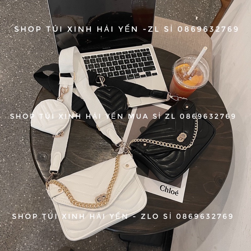 túi đeo chéo sét đôi siêu xinh, trần chỉ chéo xương cá khoá xoay