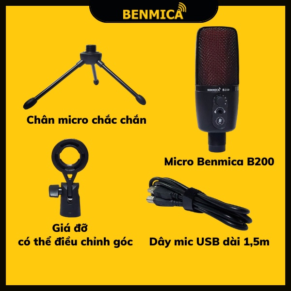 Micro thu âm Benmica B200 cổng USB dùng cho máy tính, có cổng cắm tai nghe 3.5mm kiểm âm - Hàng chính hãng