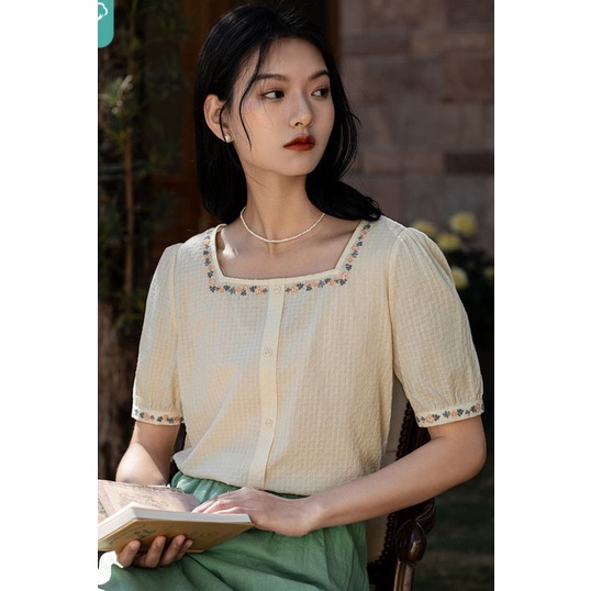 Áo Sơ Mi Cotton Ngắn Tay Cổ Vuông Thêu Họa Tiết Thời Trang Mùa Hè Cho Nữ