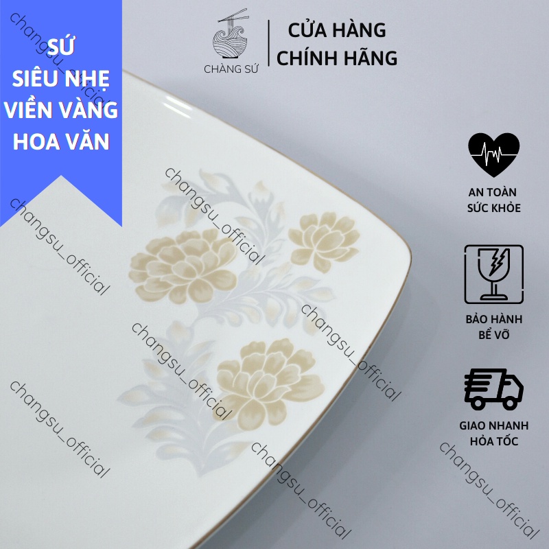 Đĩa vuông viền vàng 12k hoa văn sứ siêu nhẹ - Sứ xương siêu nhẹ Minh Châu - Vỡ 1 đổi 1