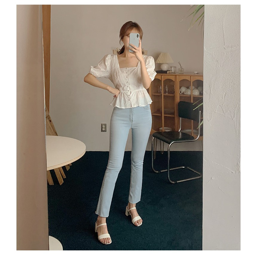 Áo Sơ Mi Cotton Cổ Vuông Tay Lỡ Thêu Họa Tiết Hoa Nhỏ Xinh Xắn Phong Cách Hàn Quốc Thời Trang Cho Nữ 34616