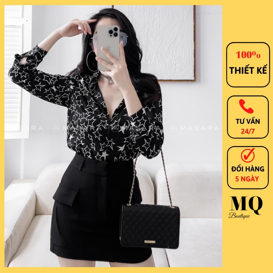 Áo sơ mi nữ lụa dài tay cao cấp công sở họa tiết sao trắng to nền đen cao cấp, áo sơ mi họa tiết thiết kế MQ Boutique