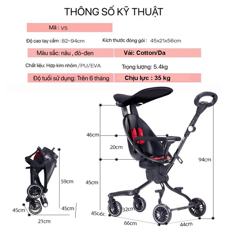 Xe Đẩy Thông Minh 4 Bánh Gấp Gọn Cho Bé V5-B Đảo Chiều, Có Mái Che Nắng - TẶNG KÈM BỘ THẺ HỌC THÔNG MINH 416 THẺ