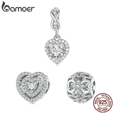 Mặt dây chuyền BAMOER bạc 925 hình cỏ bốn lá lấp lánh