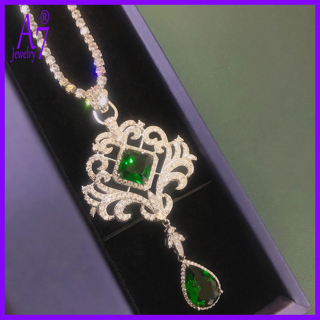 Vòng cổ Bạc A7 S925 Mặt Đá Ngọc Lục Bảo Hình Giọt Nước Hai Chức Năng Dát Kim Cương Rỗng Cho Nữ