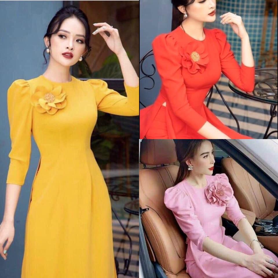 Set áo dài cách tân hoa nổi tay phồng cao cấp - Siêu đẹp ạ!