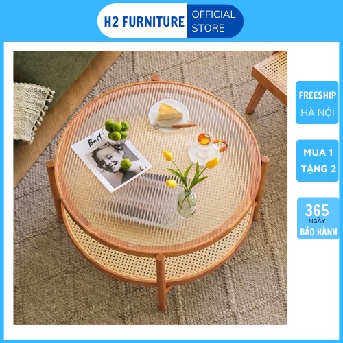 Bàn trà mây gỗ sồi kính sóng 2 tầng H2 Furniture, bàn trà decor vintage cho phòng khách, phòng nghỉ, ban công