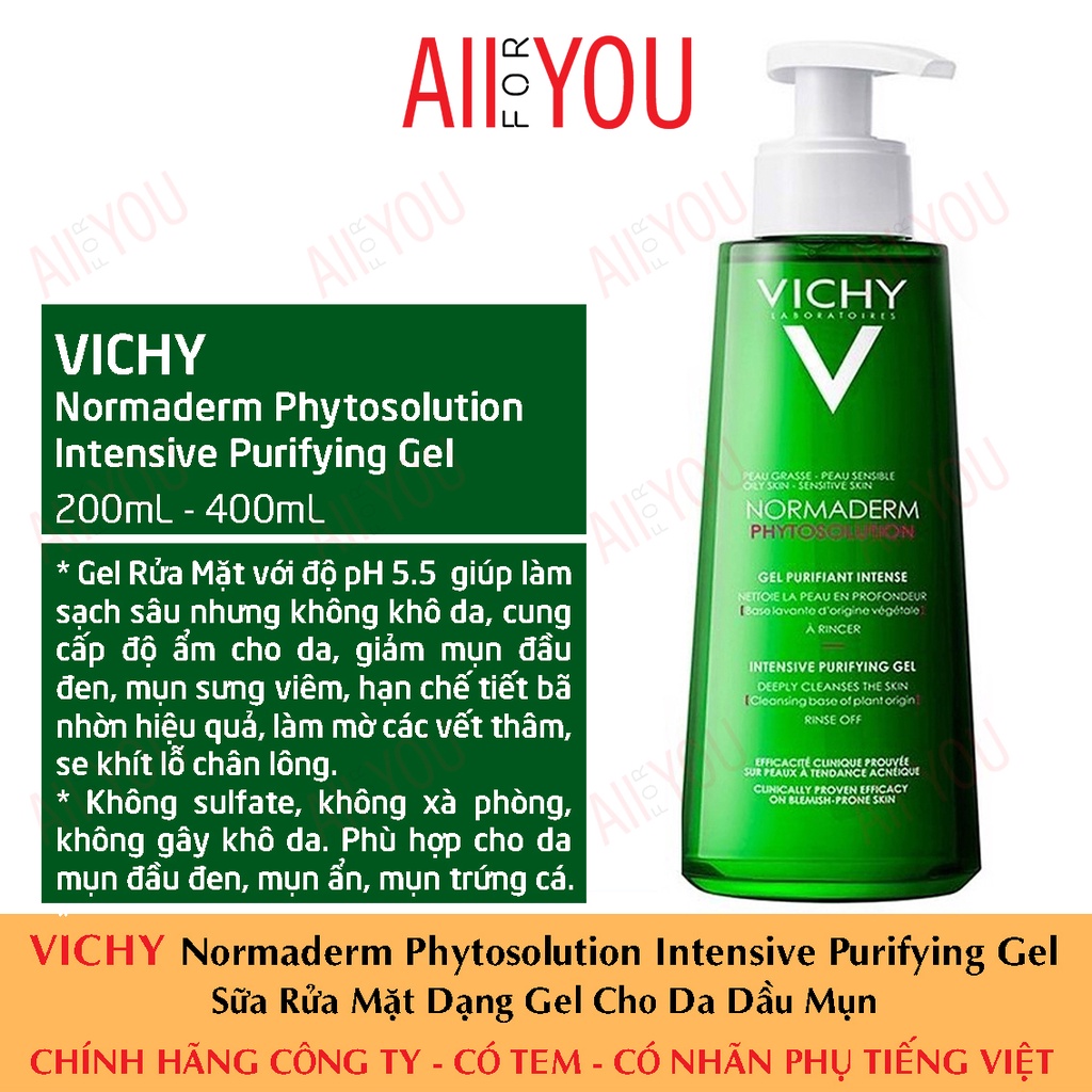 Vichy Normaderm Phytosolution Intensive Purifying Gel 200mL & 400mL - Sữa Rửa Mặt Dạng Gel Cho Da Dầu Mụn