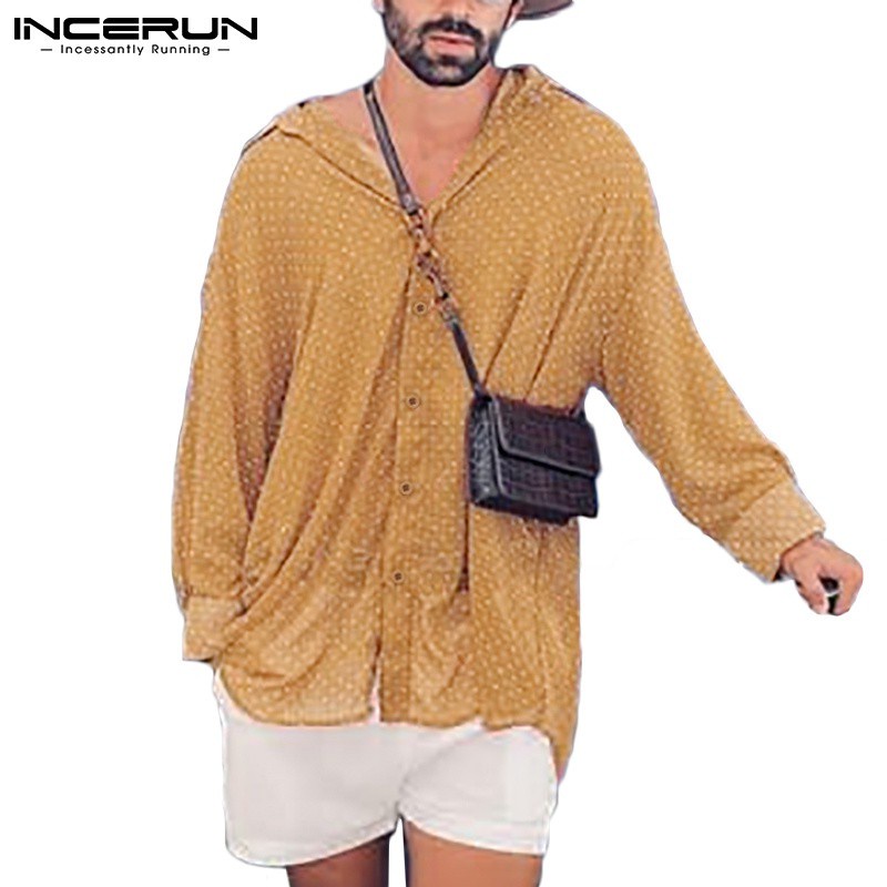 Áo sơ mi nam INCERUN không đều mỏng tay dài mẫu chấm bi vintage