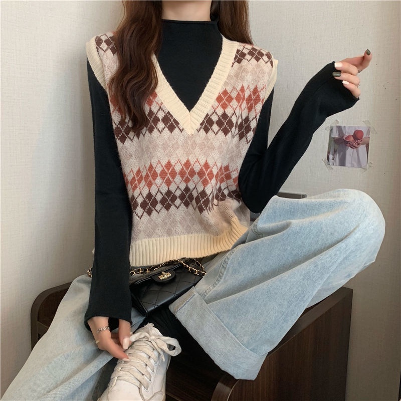 Áo Dệt Kim Không Tay Dáng Rộng Hoa Văn Kẻ Ô Phong Cách Hàn Quốc Dành Cho Nữ