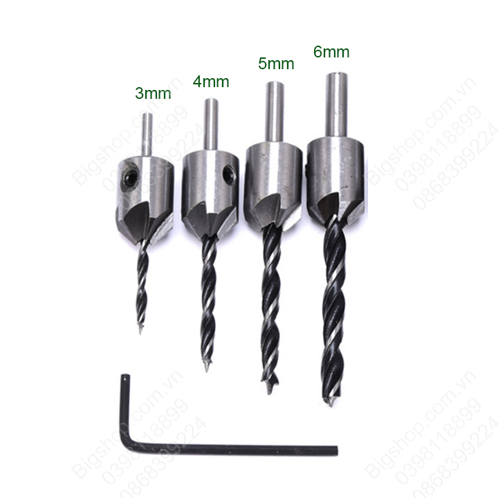 Combo 4 mũi khoan gỗ âm đầu mũ vít, kích thước 3-4-5-6mm