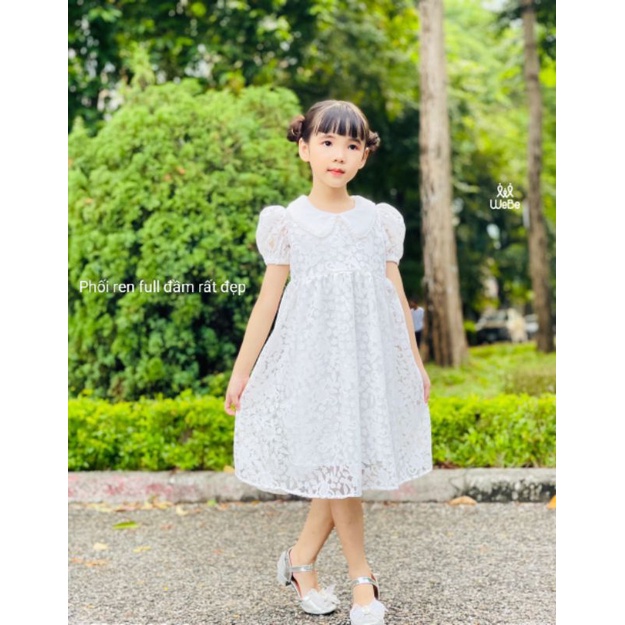Đầm váy trắng ren thêu bé gái tiểu thư cao cấp haivanco 10 đến 40 kg dễ thương mềm mại thoáng mát đi học đi chơi đẹp