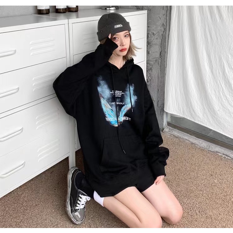 ZHELIHANGFEI Áo Hoodie Tay Dài Dáng Rộng In Hình Bướm Khói Phong Cách Học Sinh