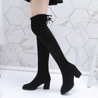 Bốt đùi nữ da lộn lót lông có dây buộc gót vuông cao 6cm