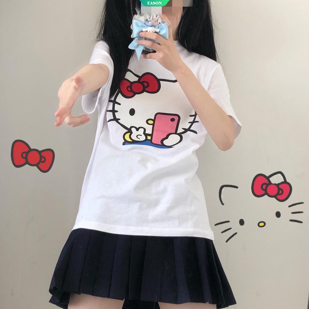 Áo Thun Tay Ngắn Dáng Rộng In Hình Mèo Hello Kitty Phong Cách Harajuku Cá Tính Cho Nam Nữ