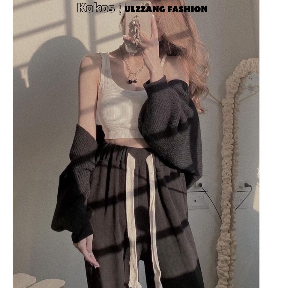 Quần Cullotes Bozip dáng suông nữ cá tính [kokos] quần thun tăm ống rộng dây bản to freeszize 20392 ulzzang