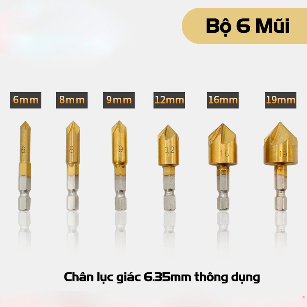 Bộ 6 Mũi Doa Âm Miệng Lỗ Bắt Âm Vít 5 Lưỡi Phay VITO Phủ Titanium 6-19mm Chuôi Lục Giác