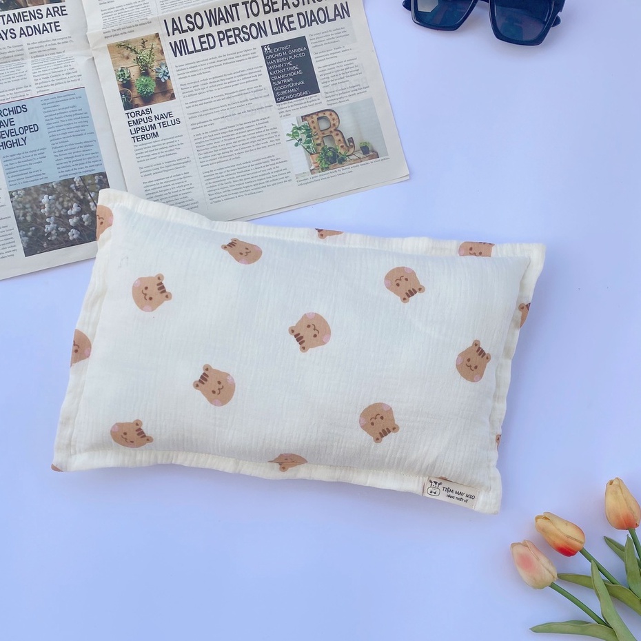 Gối xô sơ sinh muslin hữu cơ tự nhiên chống bẹp đầu, thấm hút mồ hôi, lót bông dày dặn GX01