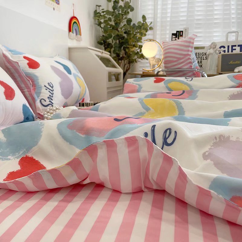 Bộ chăn ga gối cotton poly Lidaco decor phòng ngủ vintage - tim mặt cười (SP001468)