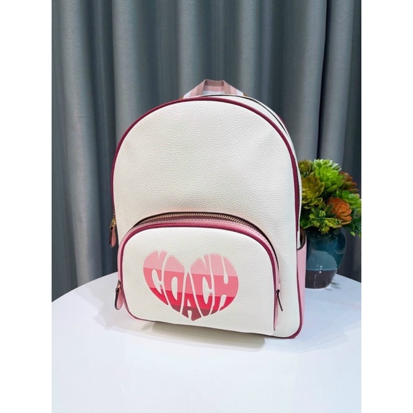 TNS-Balo nữ form vuông siêu  Court backpack--tone trắng tim hồng motif trendy