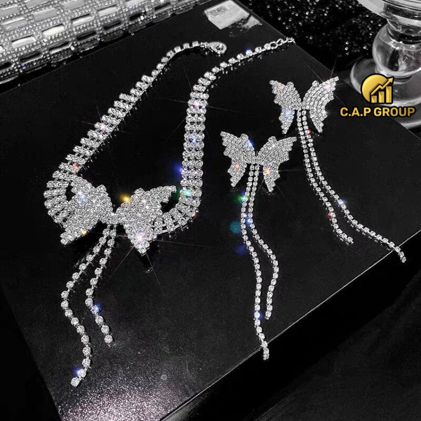 Vòng cổ choker khuyên tai nữ hình Bướm đính đá lấp lánh kim cương nhân tạo - 0III5-0VII0