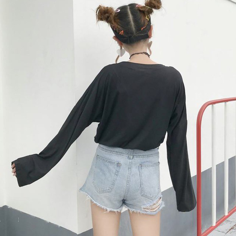 Áo thun dáng rộng tay dài cổ tròn in hoạ tiết chữ đơn giản thời trang cho nữ