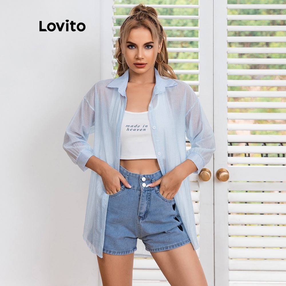 Áo kiểu Lovito kẻ sọc kiểu dáng đơn giản L06161 (màu xanh dương) | BigBuy360 - bigbuy360.vn