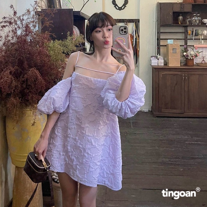 TINGOAN® - Váy hai dây tay bồng vân hoa 3 lớp dây ngang ngực bồng xòe đính nơ kim loại tím SLEEPING BEAUTY DRESS