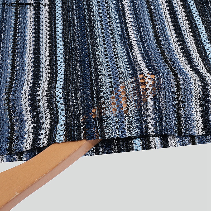 Áo dài tay INCERUN trong suốt kẻ sọc phối khóa kéo kiểu vintage thời trang mùa hè cho nam