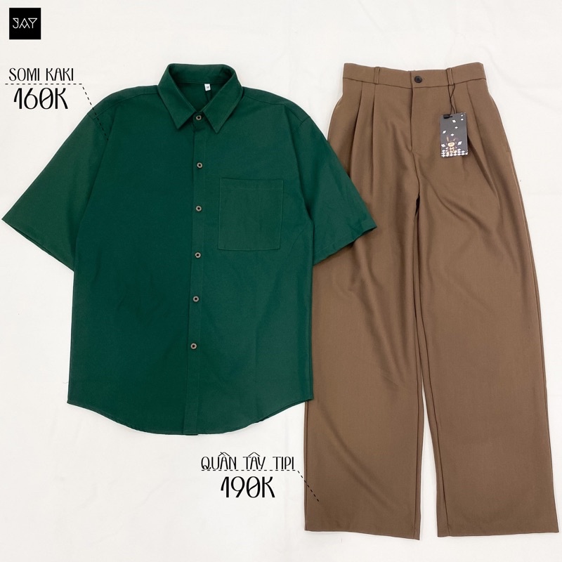 Áo sơmi trơn tay lỡ unisex VẢI KAKI màu XANH LÁ có túi Nam nữ unisex  Áo Sơ Mi Basic form rộng style Ulzzang