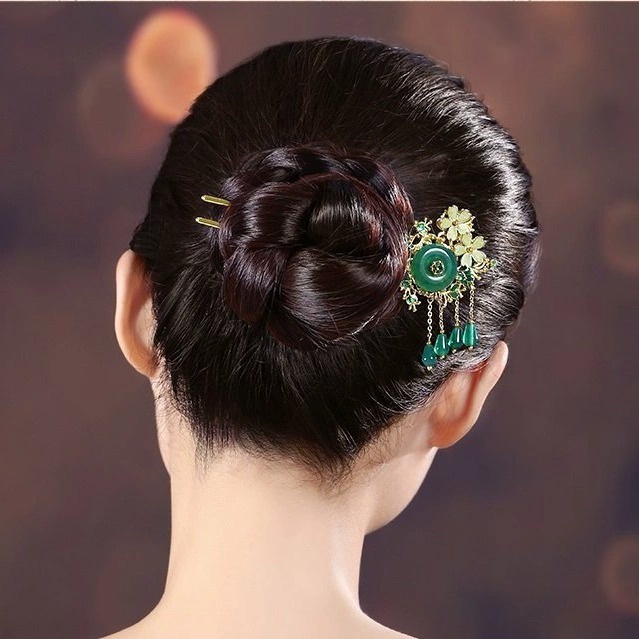 TD040 Trâm cài tóc gắn đá đồng điếu màu xanh và màu đỏ