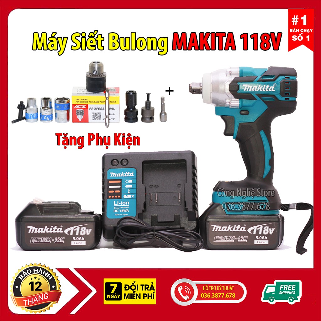 [BẢO HÀNH 12 THÁNG] Máy siết ốc bulong dùng pin không chổi than 118V Makitta pin 10 cell