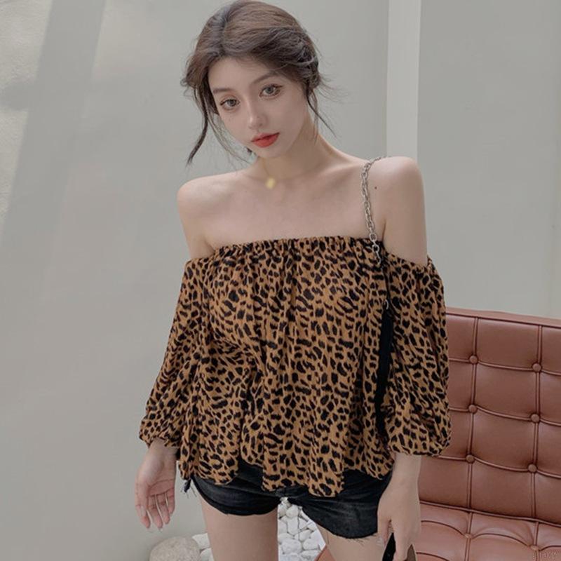 Áo kiểu chiffon trễ vai tay phồng họa tiết da báo quyến rũ thời trang cho nữ | BigBuy360 - bigbuy360.vn