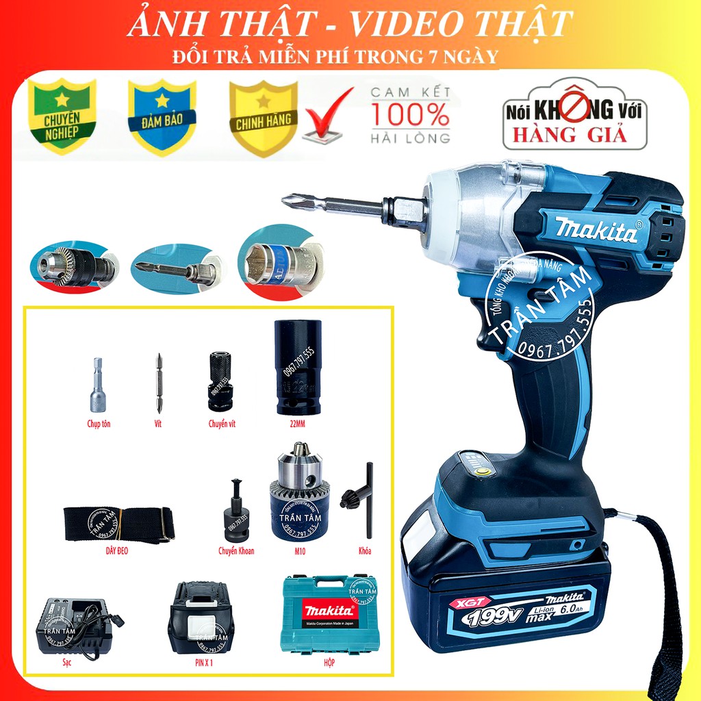 Máy siết bulong pin makita 199V động cơ không chổi than, LÕI ĐỒNG 3 chức năng khoan vit siết mở ốc