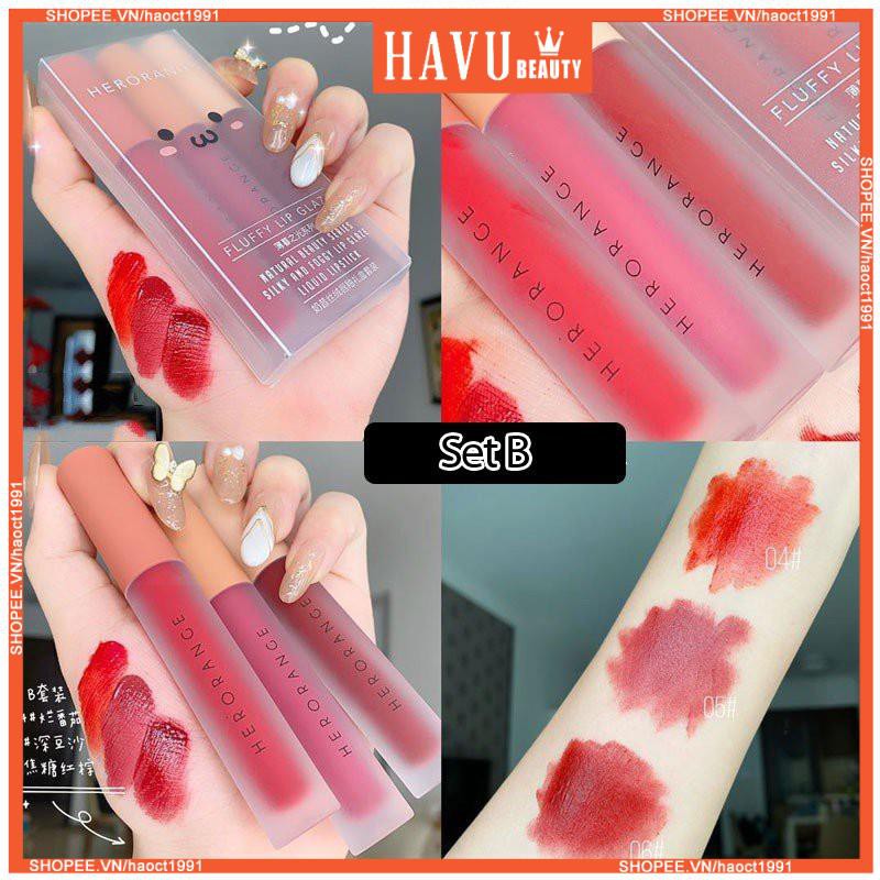 Set 3 Cây Son Kem Lì Herorange Fluffy Lip Glaze - Son Kem Siêu Xinh Chất Mềm Mịn - Lâu Trôi