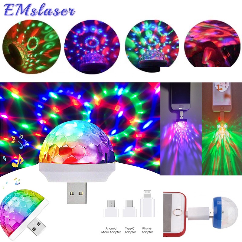Đèn Led USB vũ trường cảm biến theo nhạc, có thể sử dụng trên điện thoại, Tặng đầu chuyển đổi Android + Type-C + Lightni