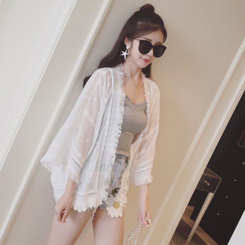 Áo khoác Chiffon nữ đi biển đính tua rua