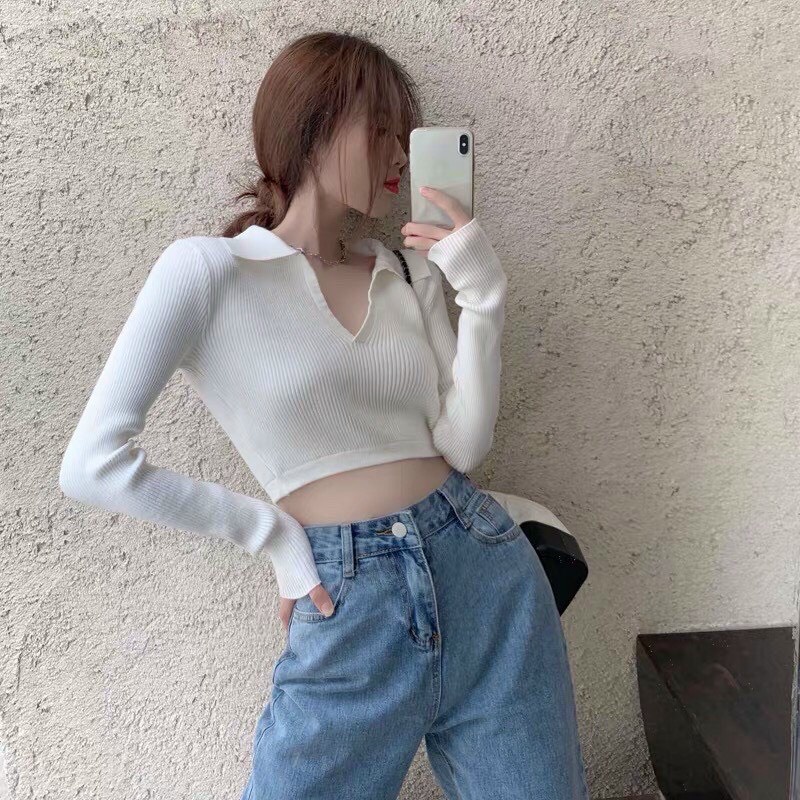 Áo Croptop Cổ V Tay Dài Phối Dây Buộc Sau Lưng Ôm Body Chất Thun Gân Hot Hit Ulzzang