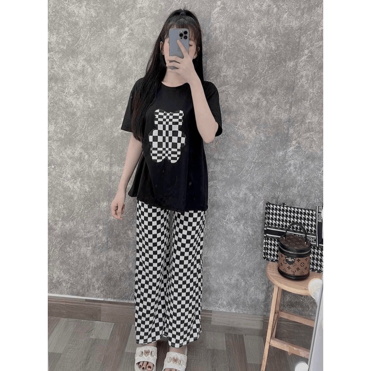 SÉT BỘ NỮ QUẦN DÀI ỐNG RỘNG CARO CHÚ GẤU NHIỀU MÀU SIU HOT MMF HHP THỜI TRANG