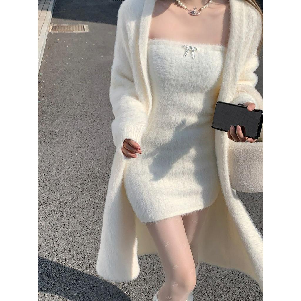 Set len ôm  body Mùa Đông Ngọt Ngào  Pure Sex Plush Plush Trowel Váy+Mink Plush Cardigan Áo Khoác Nữ