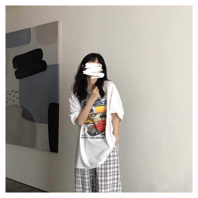 BỘ ÁO PHÔNG Ô TÔ RIVER + QUẦN CULLOTE CARO KẺ TRẮNG XÁM ULZZANG - SET BỘ HÈ BASIC ÁO THUN QUẦN KẺ