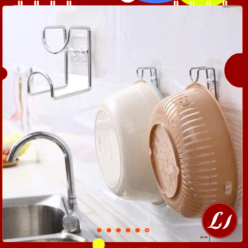 Giá móc INOX treo thau chậu tiện lợi( có miếng dán tường-  Kích thước: 7,2 x 7,2 x 6,3 cm)
