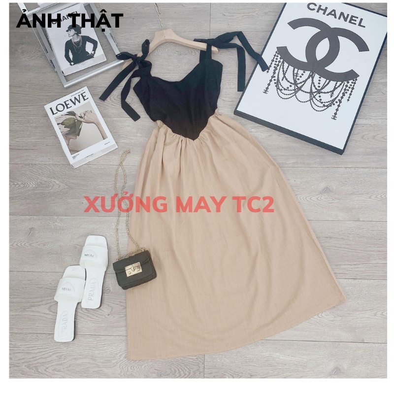 Đầm 2 Dây Thắt Nơ Vai Màu be phối đen, Váy  2 Dây Cột Nơ Vai Bánh Bèo, Maxi Đi Biển Form Chuẩn