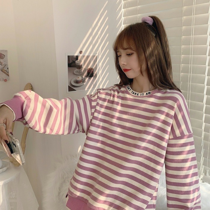Áo Sweater Dài Tay Dáng Rộng Với Họa Tiết Sọc Ngang Xinh Xắn Theo Phong Cách Hàn Quốc