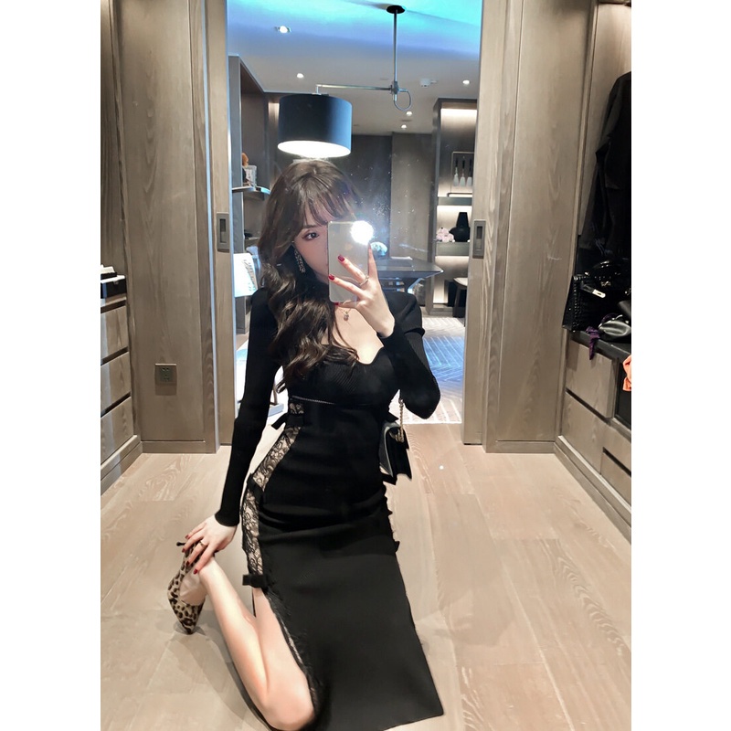 ZYHT Đầm Dệt Kim Màu Đen Dáng Dài Gợi Cảm Thời Trang Hàn Quốc Cho Nữ 4632