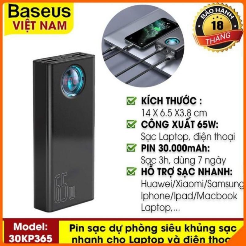 Pin Sạc Dự Phòng Baseus BS-30KP365 Dung Lượng 30000mah - 65W Sạc Nhanh QC3.0 Cho Iphone Ipad Laptop