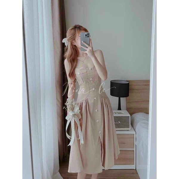 Đầm trắng đính nút, Đầm 2 dây đuôi cá thiết kế maxi dáng dài trễ vai đi biển dạo phố Sang chảnh thời trang váy nữ